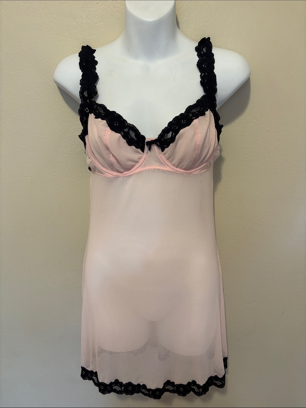 Sheer Pink Lace-Trim Chemise with Black Lace Accents
